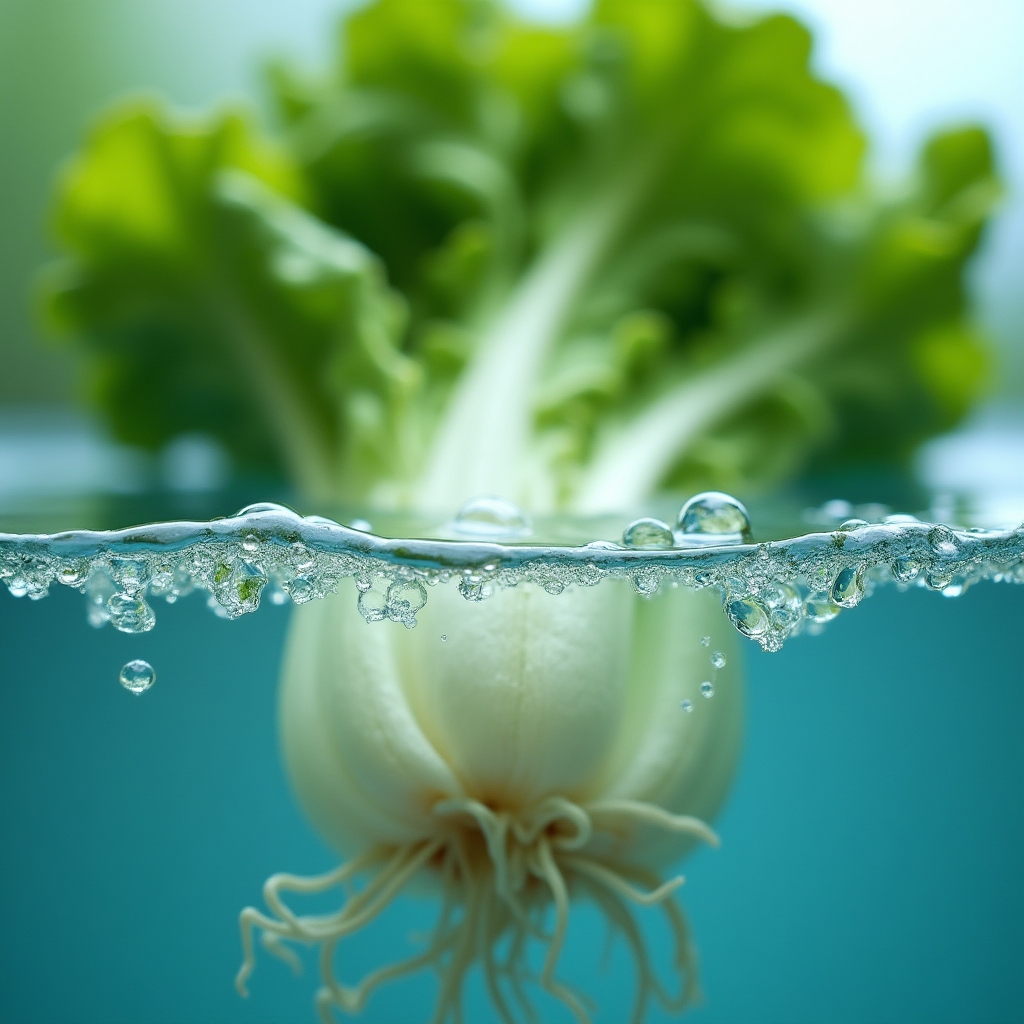 Raíces de lechuga creciendo directamente en el agua nutrida de un sistema acuapónico